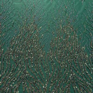 Dantela Couture Verde Inchis cu Siraguri, cu Margele si Paiete