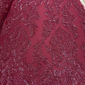 Dantela Couture Bordeaux cu Model Floral, Perle, Margele si Paiete