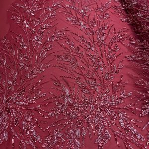 Dantela Couture Bordeaux cu Model Floral, Perle, Margele si Paiete