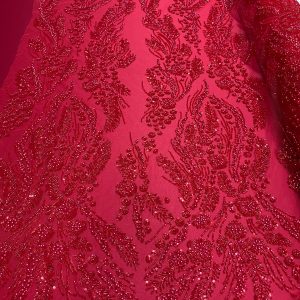 Dantela Couture Rosie cu Model Floral, Perle, Margele si Paiete