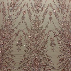 Dantela Couture Auriu Rose cu Model Simetric, cu Margele si Paiete