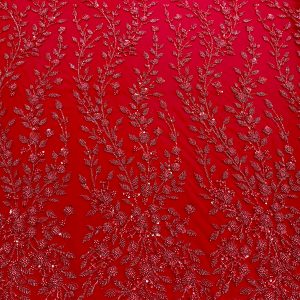 Dantela Couture Rosie cu Model Floral, Perle, Margele si Paiete