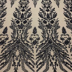 Dantela Couture Neagra cu Model Floral, cu Perle, Margele si Paiete