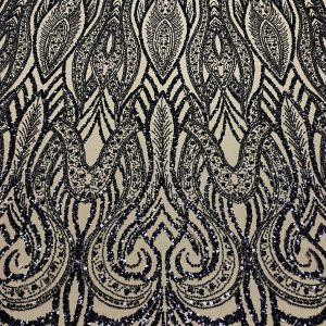 Dantela Couture Neagra cu Model Geometric, cu Perle, Margele si Paiete