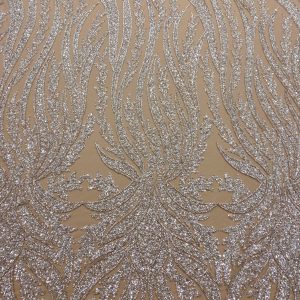 Dantela Couture Argintie pe Tulle Nude cu Panou, cu Perle, Margele si Paiete