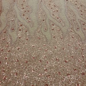 Dantela Couture Auriu Rose cu Model Geometric si Flori, cu Margele si Paiete