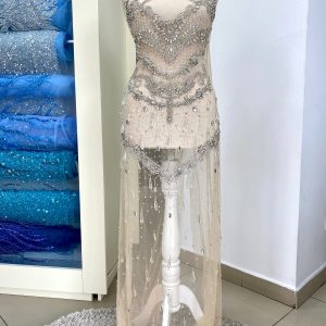 Set de Panouri (Fata si Spate) Haute Couture Argintii pe Tulle Nude, cu Franjuri, Cristale si Margele