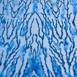 Cupon 1.2 m - Dantela Sky Blue Haute Couture cu Siraguri si Pene