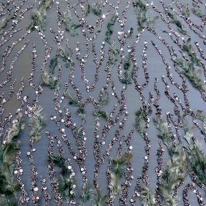 Dantela Gri Antracit Haute Couture cu Siraguri si Pene Petrol