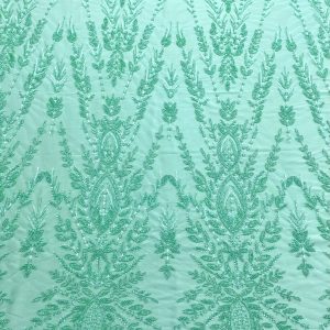 Dantela Couture Verde Menta cu Model Simetric, cu Margele si Paiete