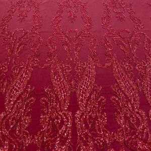 Dantela Couture Bordeaux cu Model Geometric, cu Margele si Paiete