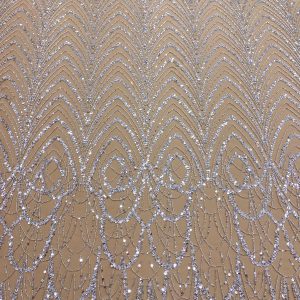 Dantela Couture Argintie cu Tulle Nude cu Model Geometric cu Margele si Paiete