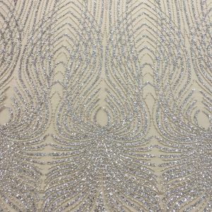 Dantela Couture Argintie cu Tulle Nude cu Panou, cu Perle, Margele si Paiete