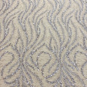 Dantela Couture Argintie cu Tulle Nude cu Perle, Margele si Paiete