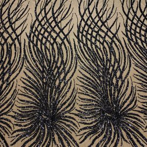 Dantela Couture Neagra cu Model Geometric, cu Margele si Paiete