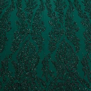 Dantela Couture Verde Inchis cu Model Floral, Perle, Margele si Paiete