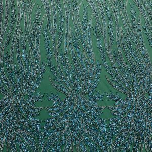 Dantela Couture Verde Smarald cu Panou, cu Perle, Margele si Paiete