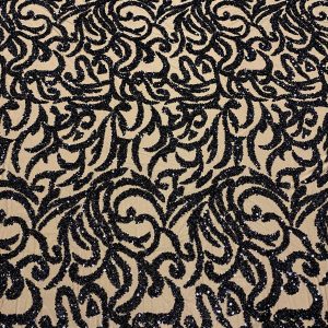 Dantela Couture Neagra cu Model Geometric, cu Margele si Paiete