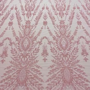 Dantela Couture Roz Somon cu Model Simetric, cu Margele si Paiete