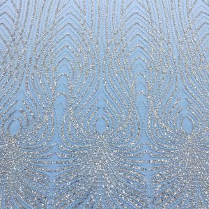 Dantela Couture Argintie cu Tulle Baby Blue cu Panou, cu Perle, Margele Si Paiete