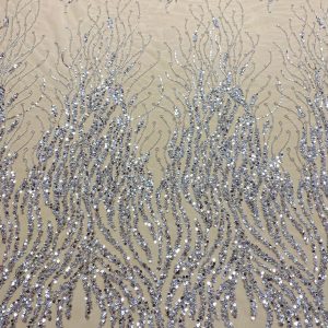 Dantela Couture Argintie cu Siraguri, cu Margele si Paiete