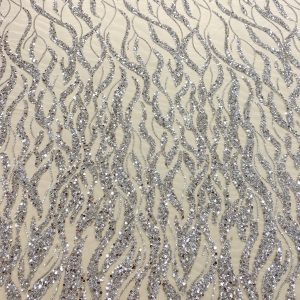 Dantela Couture Argintie cu Siraguri, cu Margele si Paiete