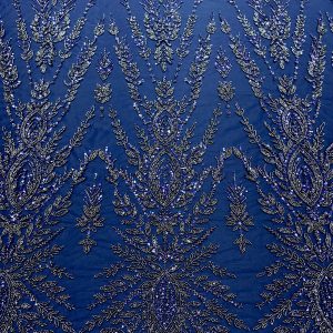 Dantela Couture Bleumarin cu Model Simetric, cu Margele si Paiete