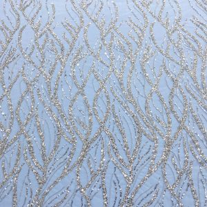 Dantela Couture Argintie cu Tulle Baby Blue cu Siraguri, Cu Margele Si Paiete