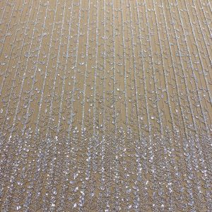 Dantela Couture Argintie cu Tulle Nude cu Frunze, cu Margele si Paiete