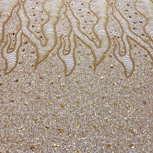 Dantela Couture Aurie cu Model Geometric si Flori, cu Margele si Paiete