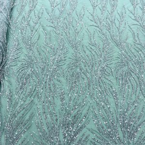 Dantela Couture Argintie pe Tulle Verde Menta cu Siraguri, cu Margele si Paiete