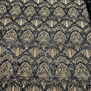 Dantela Couture Neagra cu Model Geometric, cu Perle si Margele