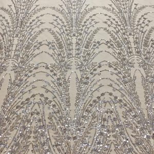 Dantela Argintie cu Tulle Nude cu Model Geometric, cu Perle, Margele si Paiete