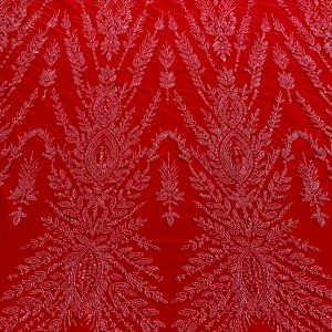 Dantela Couture Rosie cu Model Simetric, cu Margele si Paiete