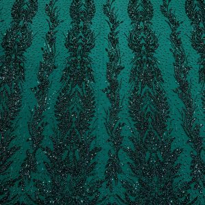 Dantela Couture Verde Inchis cu Model Simetric, cu Perle, Margele si Paiete