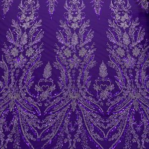 Dantela Couture Mov Inchis cu Model Floral, cu Margele si Paiete