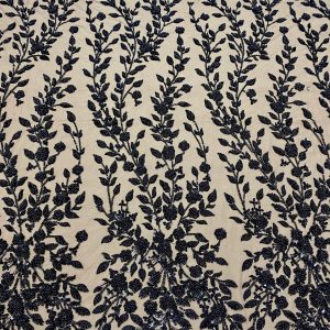 Dantela Couture Neagra cu Model Floral, Perle, Margele si Paiete