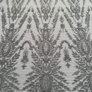 Dantela Couture Gri Antracit cu Model Simetric, cu Margele si Paiete