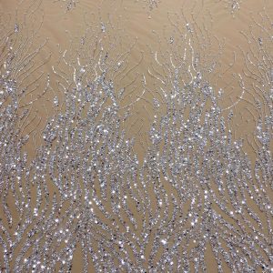 Dantela Couture Argintie pe Tulle Nude, cu Siraguri, cu Margele si Paiete