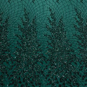 Dantela Couture Verde Inchis cu Frunze, cu Perle, Margele si Paiete