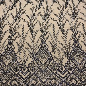 Dantela Couture Neagra cu Model Geometric, cu Margele si Paiete