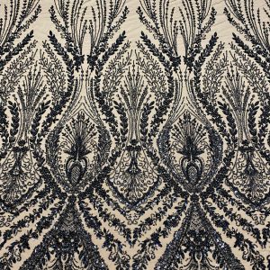 Dantela Couture Neagra cu Model Geometric, cu Perle, Margele si Paiete