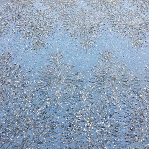 Dantela Couture Argintie cu Tulle Baby Blue cu Model Floral, Cu Margele Si Paiete