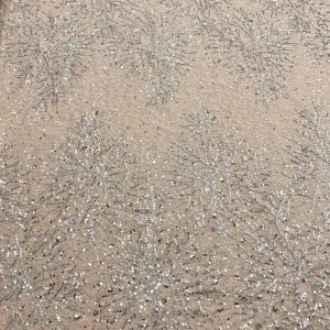 Dantela Couture Argintie cu Model Floral, cu Margele si Paiete