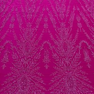 Dantela Couture Fucsia cu Model Simetric, cu Margele si Paiete