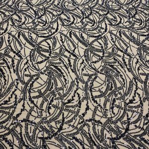 Dantela Couture Neagra cu Model Geometric, Margele si Paiete