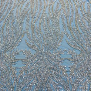 Dantela Couture Argintie pe Tulle Bleu cu Panou, cu Perle, Margele si Paiete