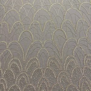 Dantela Couture Argintie cu Tulle Gri cu Model Geometric, cu Perle, Margele si Paiete