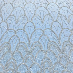Dantela Couture Argintie cu Tulle Baby Blue cu Model Geometric, cu Perle, Margele Si Paiete
