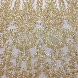 Dantela Couture Aurie cu Model Simetric, cu Perle, Margele si Paiete
